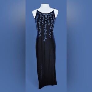 Vintage Scene Velvet Beaded Slip Maxi Dress Navy Size 7 / 8 See Measurements